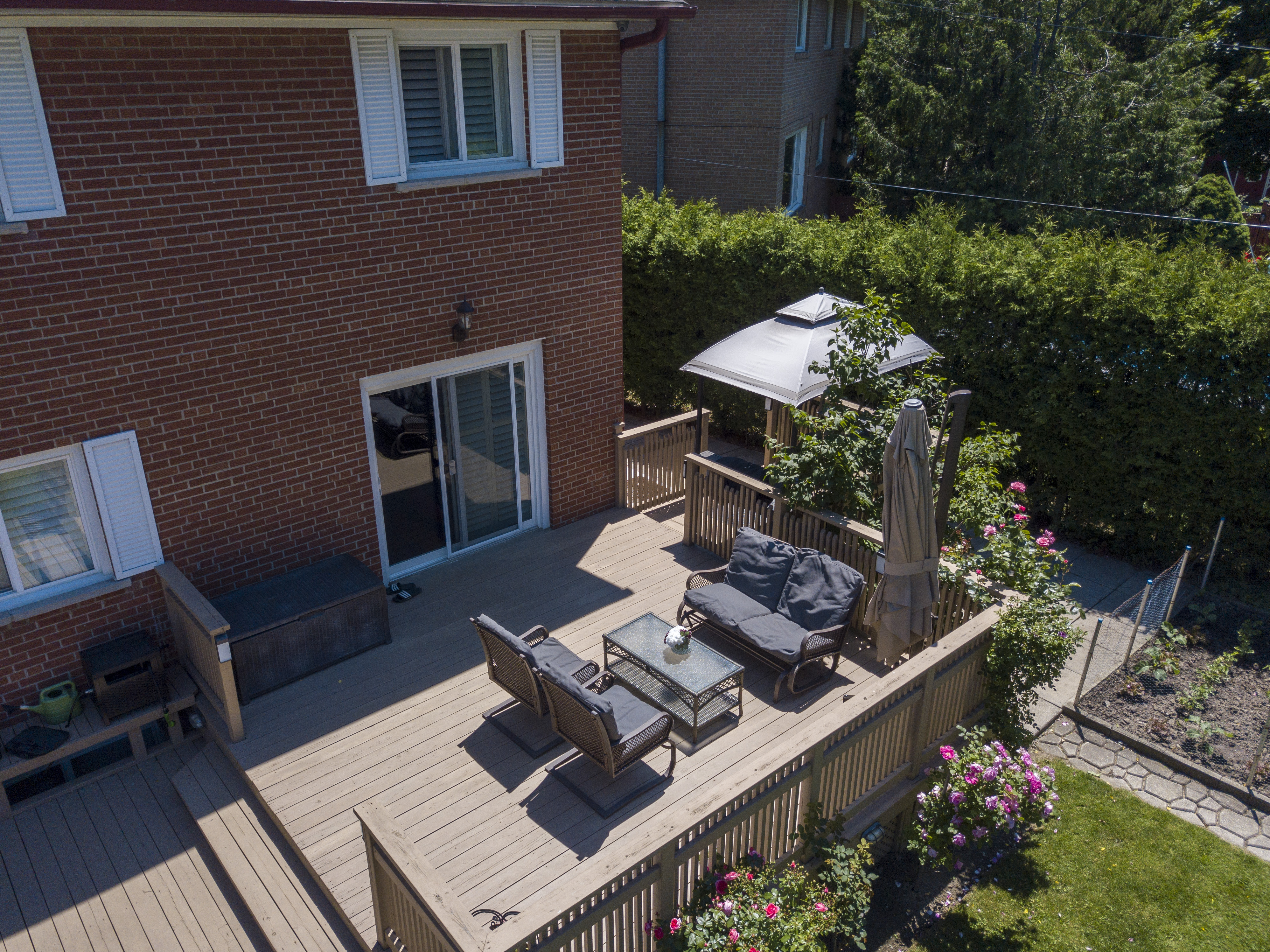 Close-up of the backyard deck and seating area